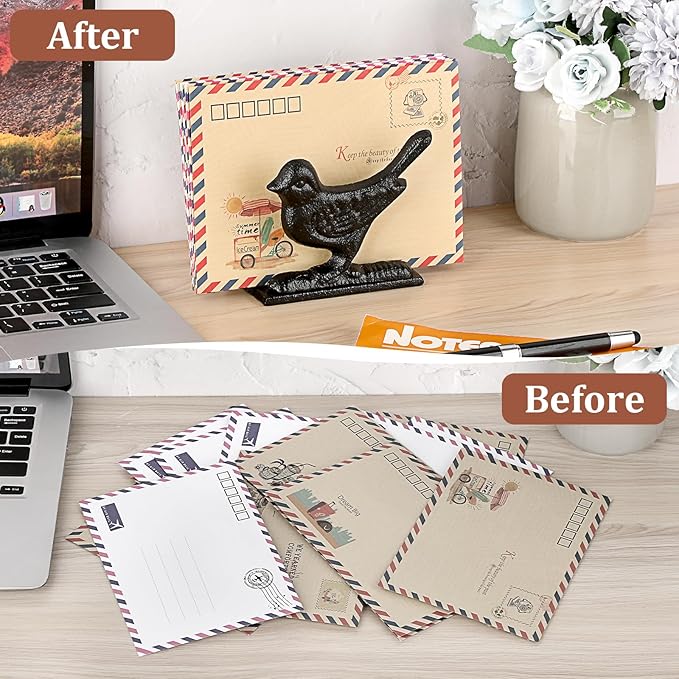 BTSKY Cast Iron Mail Organizer Countertop, Heavy Duty Desk Mail Holder for Letters & Documents, Vertical Envelope Sorter for Home Office, Bill Rack - Black, Bird Shape