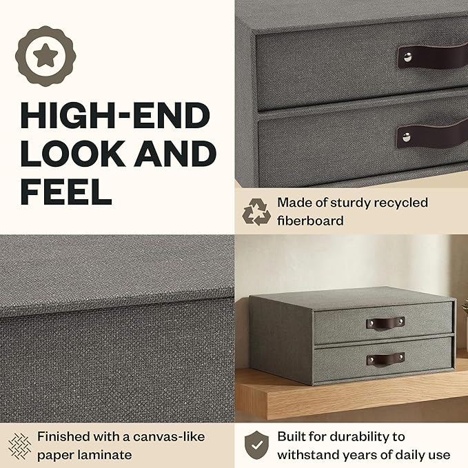 Bigso Birger 2-Drawer Canvas Fiberboard Easy Pull Handle Document Letter Box | Desktop Drawers for Loose Papers and Documents | Desktop Storage Drawers with Leather Handles | 13.1” x 10” x 5.7” | Grey