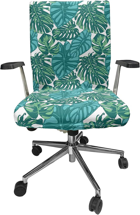 Ambesonne Exotic Office Chair Cover, Continuous Jungle Foliage Pattern with Tropical Leaves, Stretchable Decorative Universal Size High Back Printed Slipcover, Dark Teal