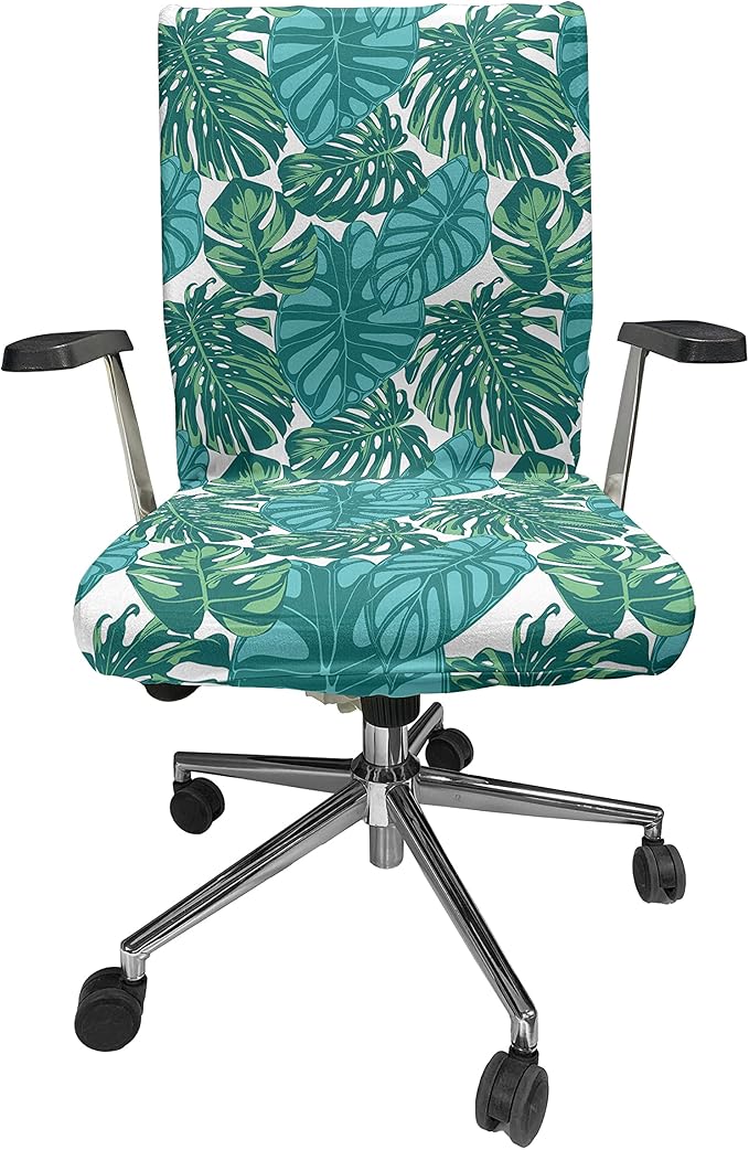 Ambesonne Exotic Office Chair Cover, Continuous Jungle Foliage Pattern with Tropical Leaves, Stretchable Decorative Universal Size High Back Printed Slipcover, Dark Teal