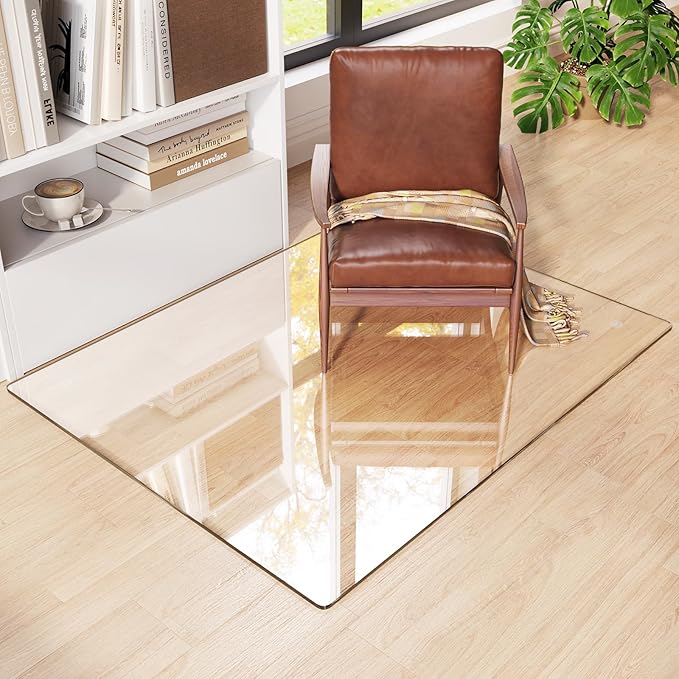 Tempered Glass Chair Mat 46"x36" – Ultra-Clear Office Chair Mat for Hardwood Floors & Low-Pile Carpets – Heavy-Duty 0.2" Scratch-Resistant Surface with Non-Slip Pads – Supports 1,000 lbs