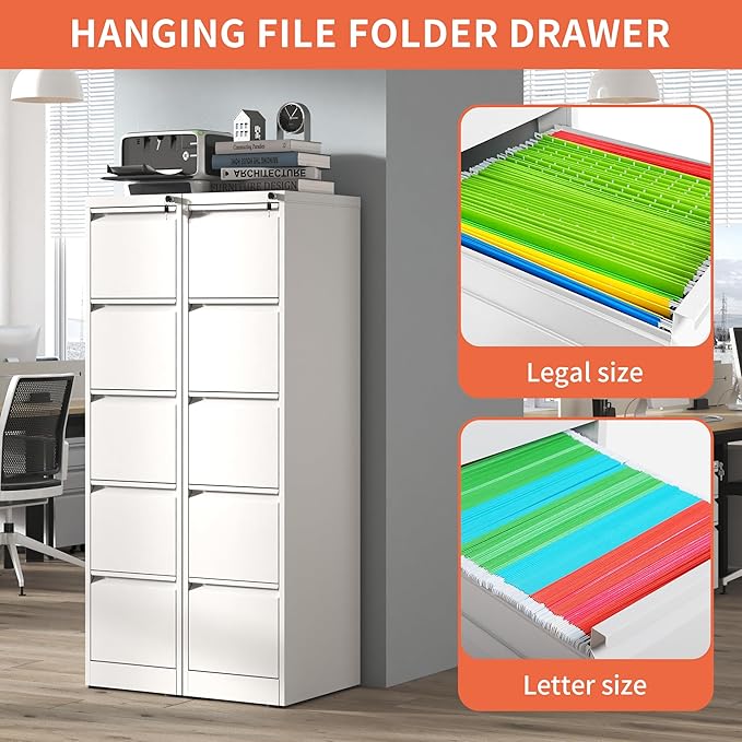 IKIMI 5 Drawer File Cabinet,Metal Filing Cabinets for Home Office,Vertical File Cabinet with Lock,Heavy Duty Metal Storage Cabinet for A4/Letter/Legal Size Files,Assembly Required