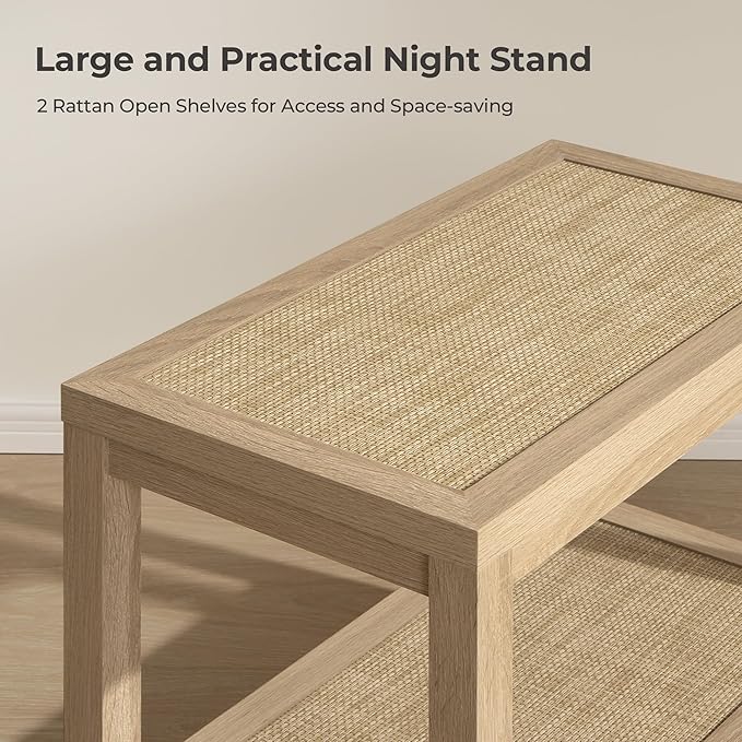 SICOTAS Rattan Nightstands Set of 2 - Boho Shelf Bedside Tables Narrow End Table Living Room Set of 2 Side Table with Rattan Storage Shelves for Small Space - Light Oak