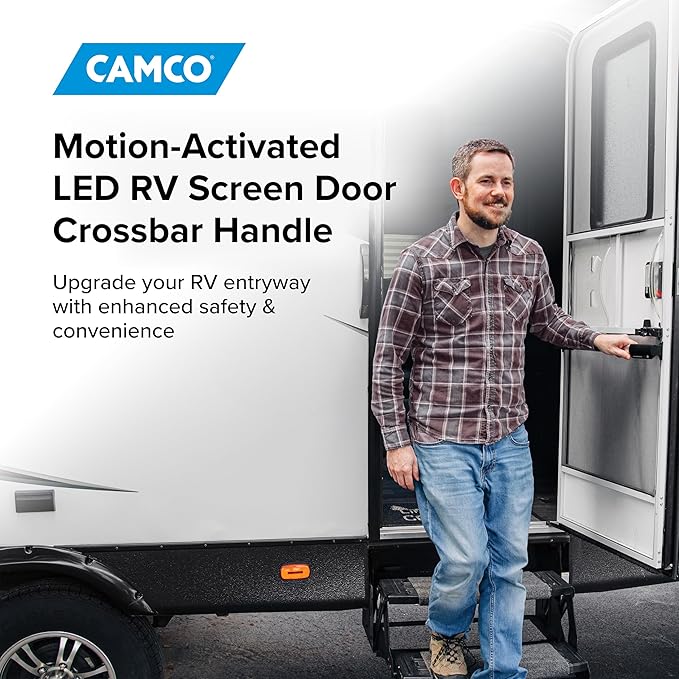Camco Motion-Activated LED RV Screen Door Crossbar Handle - Features Motion Activated LED Lighting & Robust Aluminum Design - Adjustable Fit Compatible w/Most RVs- (2) AAA Battery (not incl.) (42330)