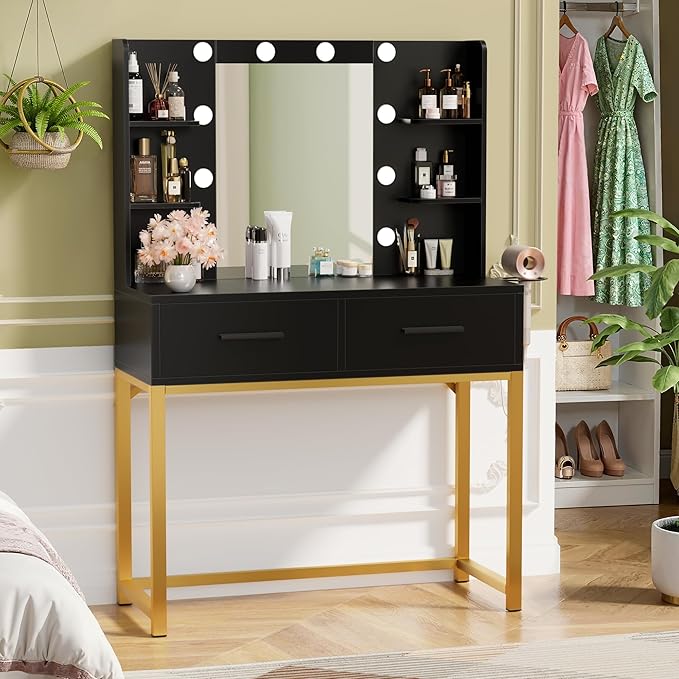 YESHOMY Vanity Desk with Mirror, Makeup Table with 2 Large Drawers, Power Outlet and Round Holder, 3 Color Modes Adjustable Bulb, Black & Gold Frame