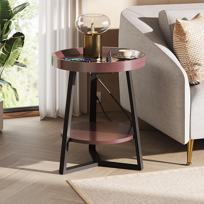 WLIVE Small Round Side Table with Charging Station, Round Coffee Table, 2 Tier End Table for Living Room/Bedroom, Sofa Couch, Easy to Assemble, Wood Tabletop & Metal Frame, Brown