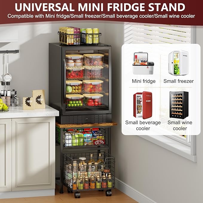 Mini Fridge Stand with Storage, Small Refrigerator Stand with 2 Drawers, Mini Fridge Shelf Cabinet-Max Load 400 LBS Heavy Microwave Stand Mini Fridge Cart for Dorm, Apartment, Kitchen, (Brown)