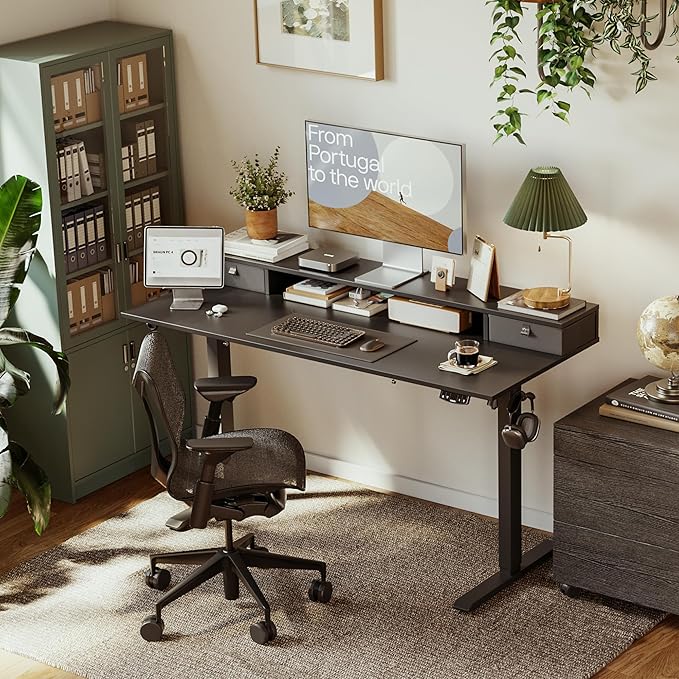 Agilestic 55 x 24 Inches Electric Standing Desk with 2 Storage Drawers, Stand Up Desk Adjustable Height, Sit and Stand Computer Table with Splice Board, Black
