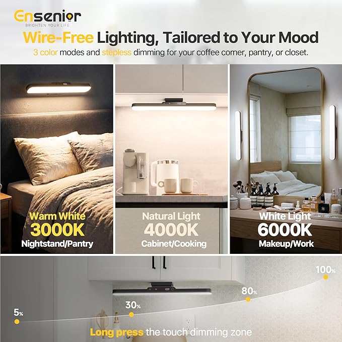 Ensenior Makeup Light, 14 inch Rechargeable Vanity Lights for Mirror with Auto Off Timer Remote Magnetic Stepless Dimming 3CCT 2500mAh Battery, Under Cabinet Lighting Wireless for Kitchen, 2 Pack