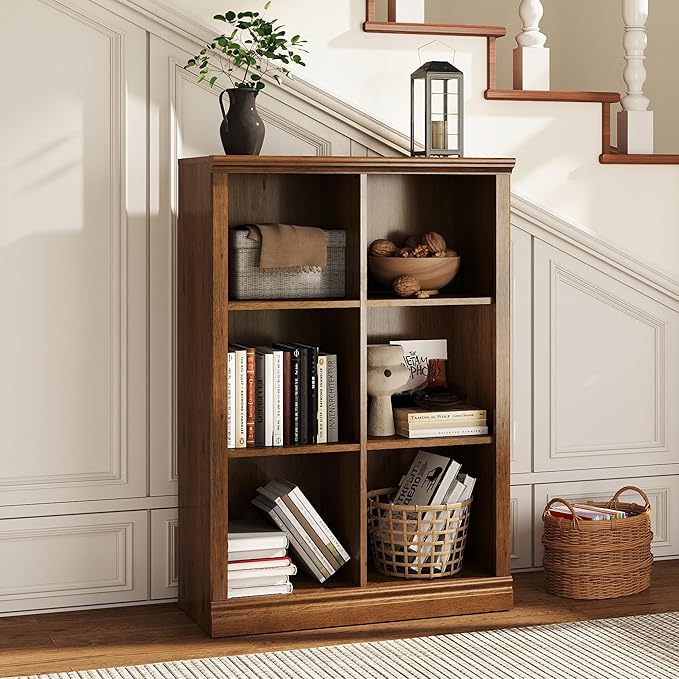 Bevfint 6 Cube Storage Organizer Bookcase - 3 Tiers 6 Storage Cube Adjustable Space Book Case, Display Cabinet Organizer, 30 inch Width Horizontal Bookshelf for Home Library Office, Vintage Oak