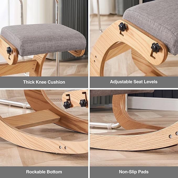 Ergonomic Kneeling Chair, Adjustable Rocking Office Chair Wooden Knee Chair Posture Chair for Home Office Back Pain Relief, Grey