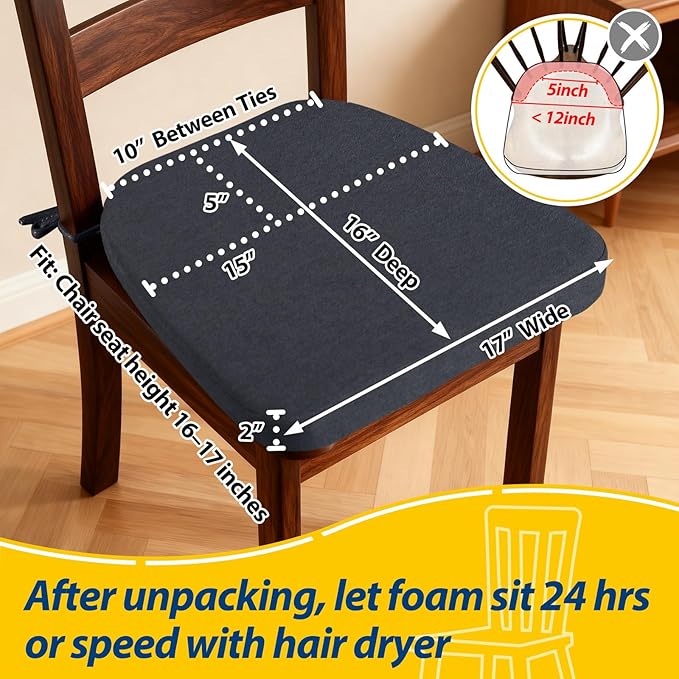 AAAAAcessories D-Shaped Chair Cushions, 2" Thick Dining Chair Pads with Ties and Removable, Machine-Washable Cover, 17" x 16", Set of 4, Charcoal Gray