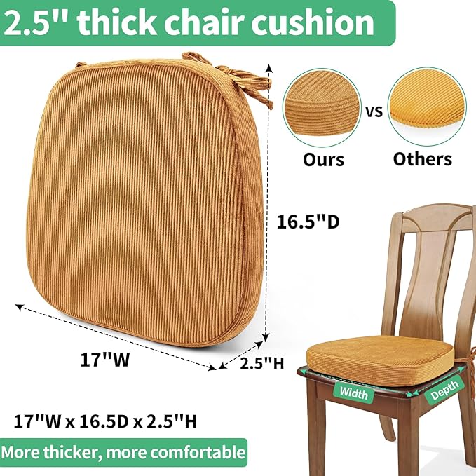 2.5" Thick Chair Cushions for Dining Chair, Corduroy Foam Kitchen Chair Pads, U Shaped Indoor Seat Cushions with Ties & Non-Slip Backing, Removable Washable Cover, 17''x16.5'', Set of 4, Yellow