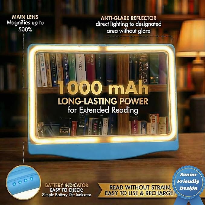 MagniPros 5X Rechargeable Large Ultra Bright LED Page Magnifier with Anti-Glare Lens & 3 Color Light Modes, Relieve Eye Strain- Ideal for Reading Small Print, Low Vision, Seniors