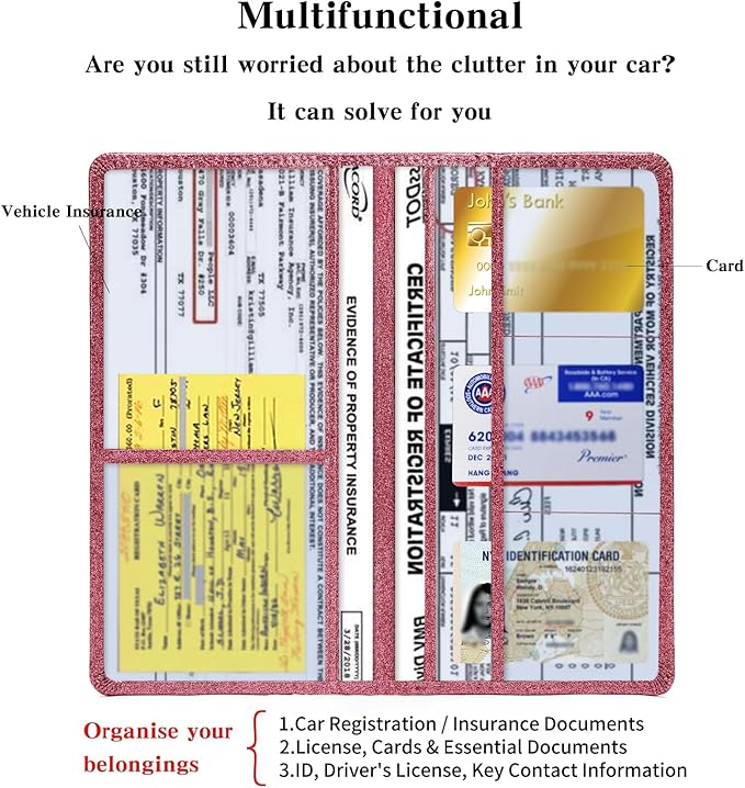 TILDOSAC 2Pack Leather Car Registration and Insurance Card Holder, Car Document Holder for Cards License with Magnetic Shut (Glitter Purple)