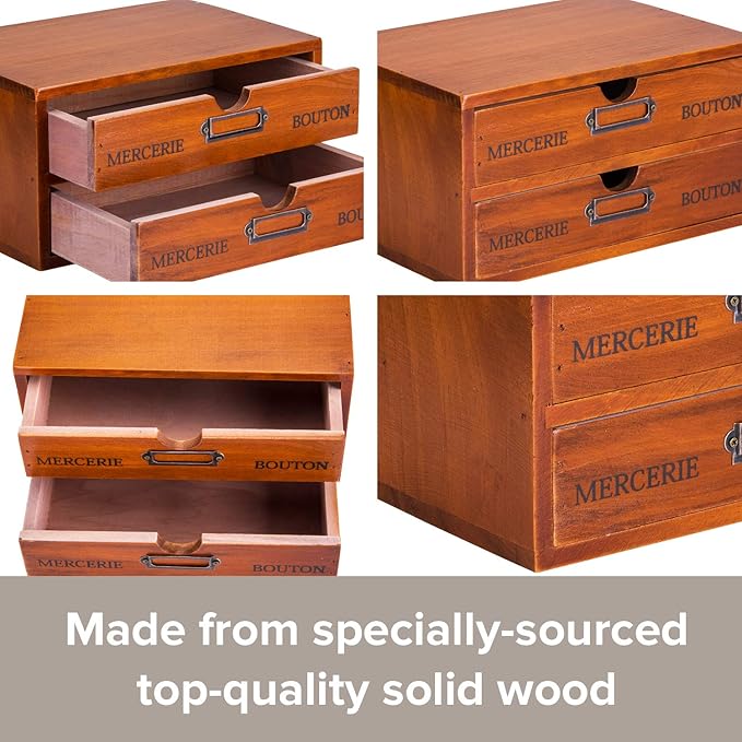 Vintage 2-Drawer Desk Organizer - Wood Countertop Drawer Organizers - 2-Tier Wooden Desktop Monitor Riser w/Drawers - Organization and Storage Drawers for Desk - Stackable Drawers - File Drawer Unit