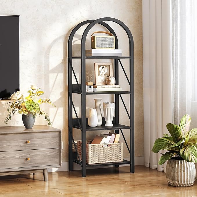 HOOBRO Bookshelf, 4-Tier Arched Bookshelf, Industrial Bookcase with Metal Frame, Small Book Shelf Storage Organizer for Living Room, Office, Bedroom, Black BB424SJ01
