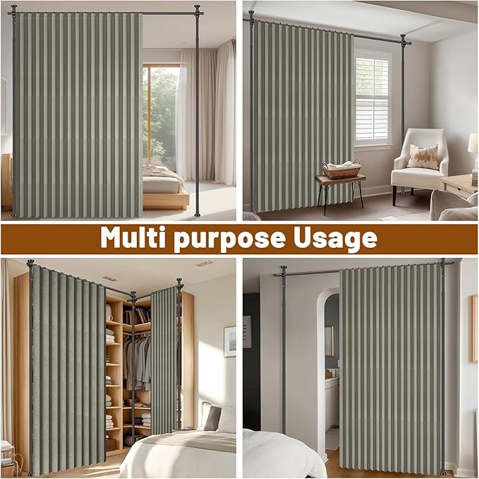 AJAZZ Privacy Curtains for Room Divider with Blackout & Soundproof (2 Panels, Grey, W100 x L96 in)+ No Drill Curtain Rods(H) 43-120×(W) 35-200 in, Wall Divider for Bedroom/Studio/Office Curtain