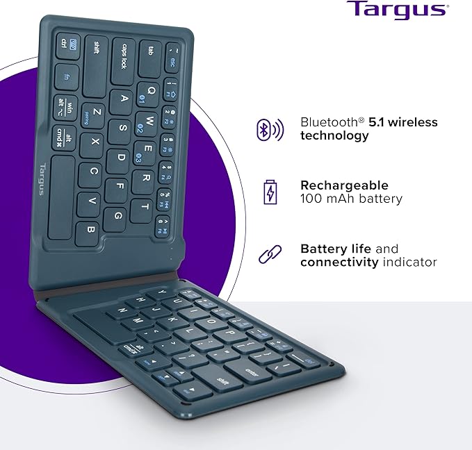 Targus Ergonomic Foldable Bluetooth Keyboard – Pocket-Sized, Split Ergonomic Design, Multi-Device Wireless Keyboard with DefenseGuard Protection - PKF00302US
