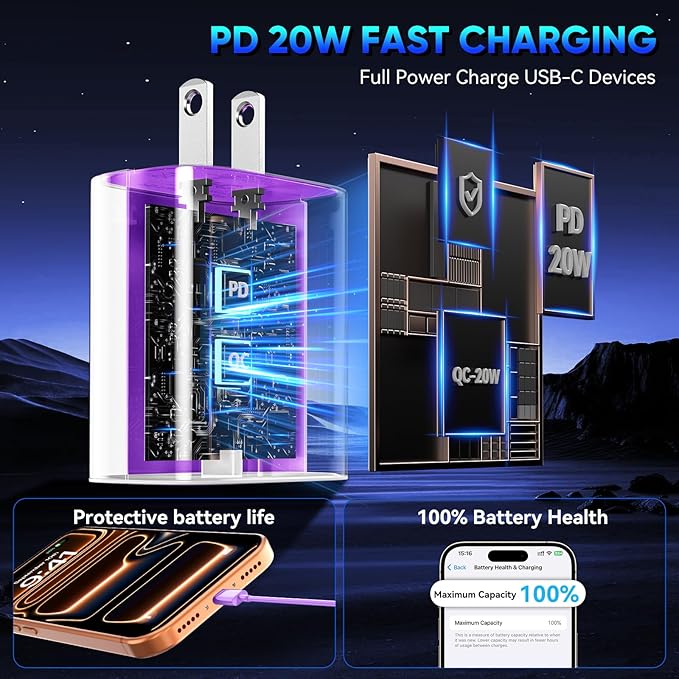 Phone 17 16 15 Pro Charger Fast Charging, 20W USB C Fast Charger Block with 6.6FT Long Type C Chargers Fast Charging Cable Cord for Phone 17/17 Pro/17 Pro Max/Air/16 Pro Max/16 Pro/15Pro Max/Pro, S24