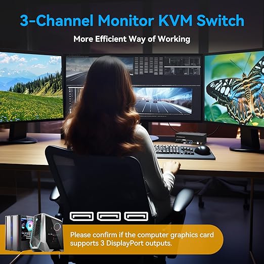 8K Displayport KVM Switch 3 Monitors 2 Computers 8K60Hz 4K120Hz DP KVM Switches Triple Monitor for 2 PC Share 4 USB 3.0 Support Extended & Copy Display Mode Wired Controller and 12V Adapter
