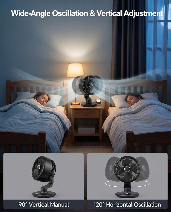 Desk Fan for Office, Rechargeable Air Circulator Fan for Bedroom Cooling, Ultra Quiet Battery Powered Table Fan, 5 Speeds, 9H Timer & 120°Oscillating Smart Portable Fan for Dorm, Home, Kitchen