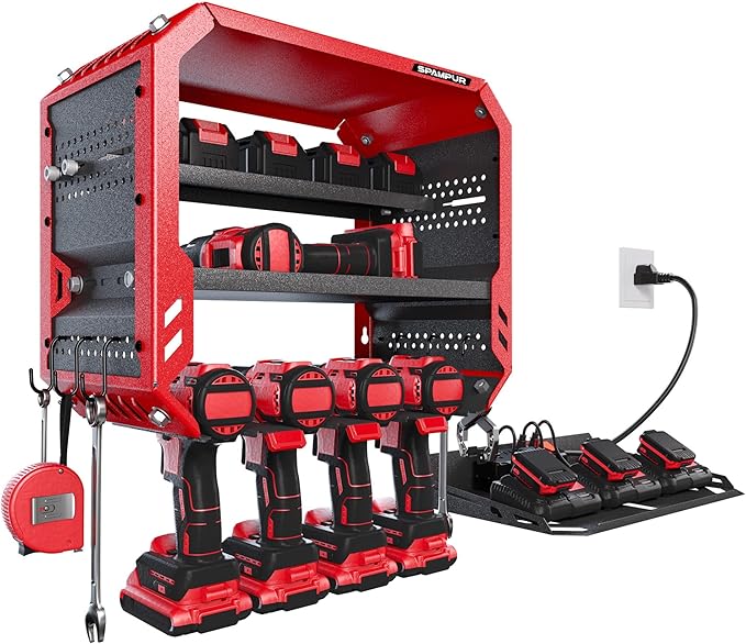 Christmas Gift for Men - End His Garage Clutter | Red Power Tool Organizer Wall Mount with Charging Station | All-in-One 3-Tier Heavy Duty Tool Rack with 420lb Capacity for Dad, Husband, DIYers