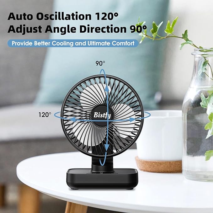 Desk Fan 5.5'' Small Fan Ultra-Silent, 120° Oscillating, 90° Adjustable Head Tilt, with Digital Display 4 Speed Portable USB Rechargeable Table Fan Ideal for Home, Bedroom, Office (Black)