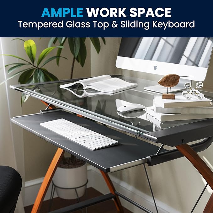 Flash Furniture Jude Tempered Glass Computer Desk with Pull-Out Keyboard Tray and Crisscross Frame, Small Computer Desk for Home Office, Cherry/Clear