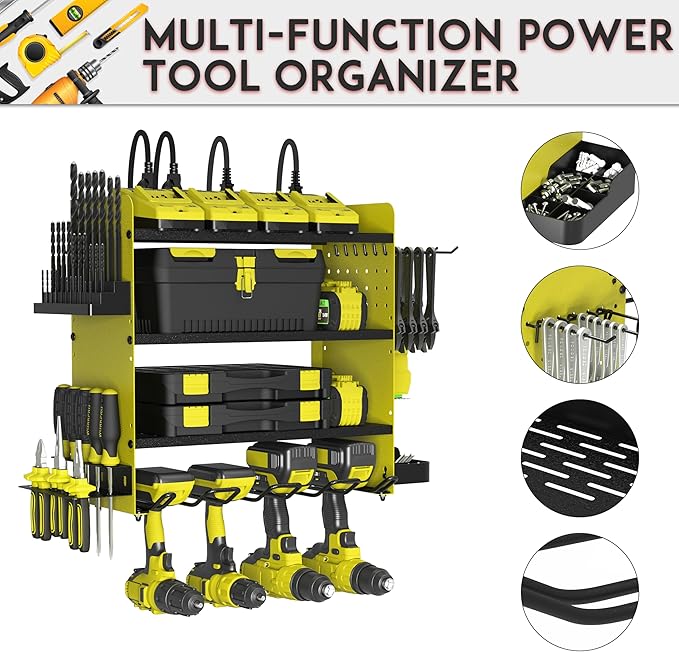 Power Tool Organizer with Charging Station, 4 Layers Drill Holder Wall Mount, Metal Garage Rack with 8 Outlet Power Strip, Tool Shelve Drill Bit Storage, Christmas Gift for Men Dad(Green&Black)