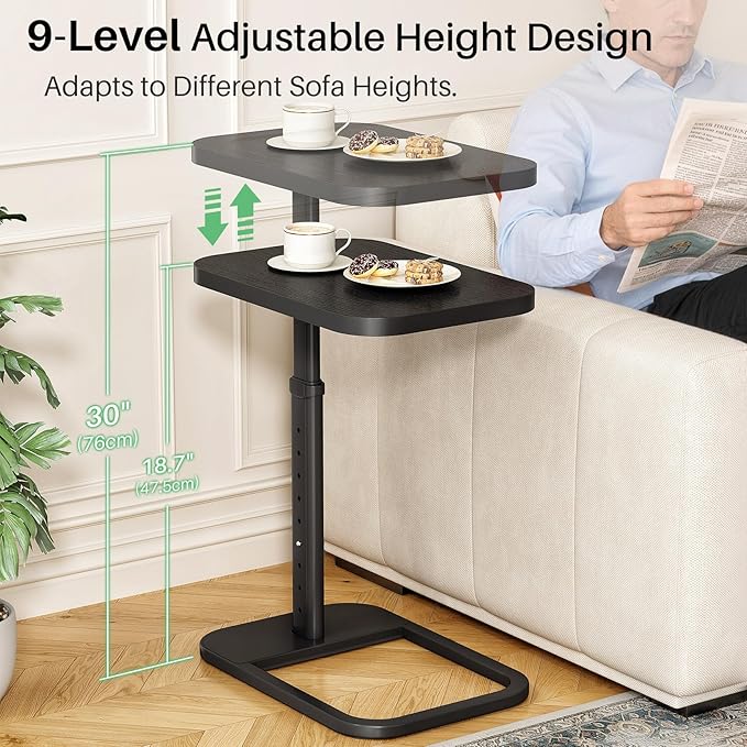 Kitstorack Adjustable Height C-Shaped End Table, 9-Level Side Table with Metal Rounded Edge, Couch Table that Slides Under Sofa or Bed for Eating, Working, and Drinks, TV Tray for Small Spaces, Black