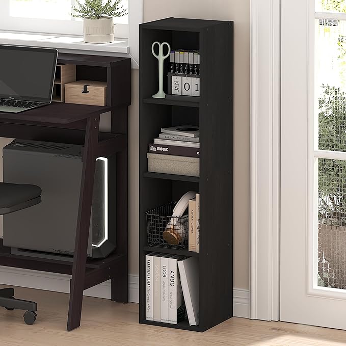 Furinno Fulda Book Shelf, 4-Tier Narrow Bookshelf, Standing Bookcase with 10-in Width Storage Shelf, 9.3 x 9.8 x 41.6, for Organization and Storage, for Living Room, Bedroom, Home Office, Blackwood