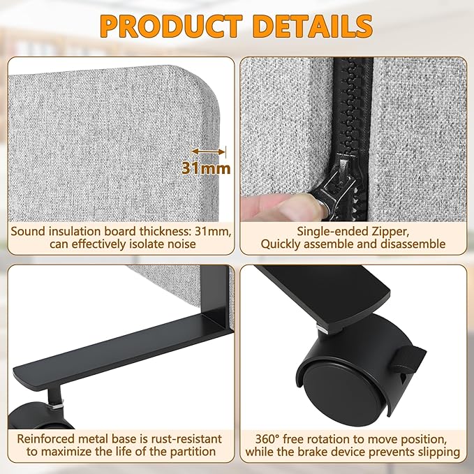 Soundproof Room Divider with Wheels, 66in Acoustic Room Divider Panel, 3 Panel Office Partition Wall for Noise Cancelling, Portable Temporary Wall Cubicle Divider (Light Grey)