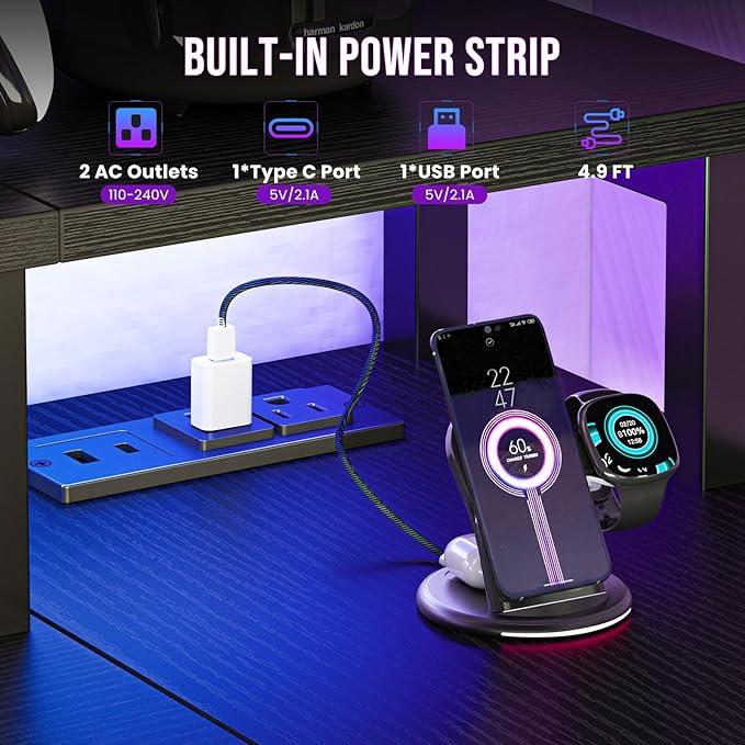 DUMOS 47” Gaming Desk with USB Charging Ports & LED Lights, Reversible L Shaped Desks Computer Corner Gamer Table with Power Outlets Monitor Stand Storage Shelves for Home Office Small Space, Black