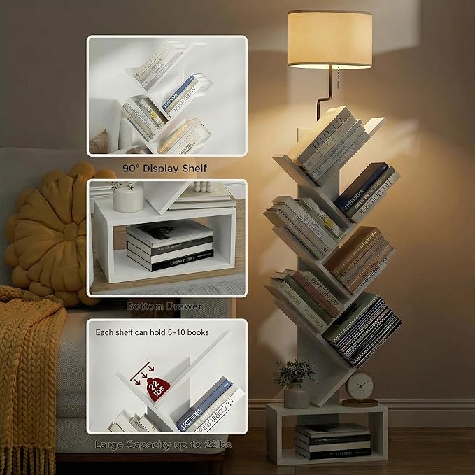 XBurmo 6 Tier Tree Bookshelf with Lights - Small Bookshelf Decor, Corner Bookshelf with Lamps, Living Room Storage, Tall Narrow DVD & CD Shelf, Comic Bookcases Standing for Bedroom or Office, White