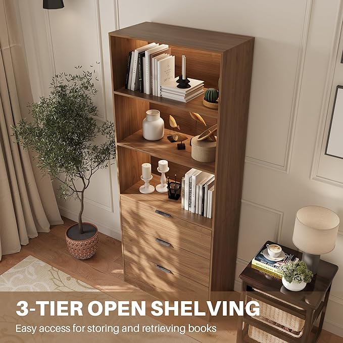 Mekminop 78.7" H Bookshelf with Drawers and LED Light, Bookshelf and Bookcase with 3-Tier Open Shelves, Tall Bookcase Tall Storage Cabinet for Home Office Living Room
