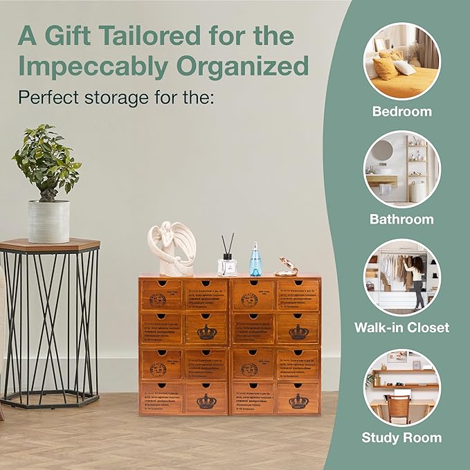 Modular Stackable Set of 4 Mahogany Brown Wood Storage Drawers for Desktop - 16-Drawer Stackable Desk Organizers - Vintage Style Office & Study Table Wooden Storage Boxes, Fully Assembled