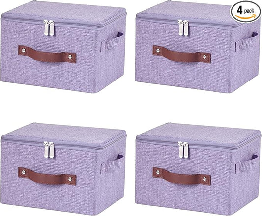 4 Pack Storage Bins with Zipper Lid Cotton Linen Fabric Lidded Storage Baskets Boxes Foldable Washable Closet Shelf Clothes Organizer Container with PU Leather Handles (Purple, Small)