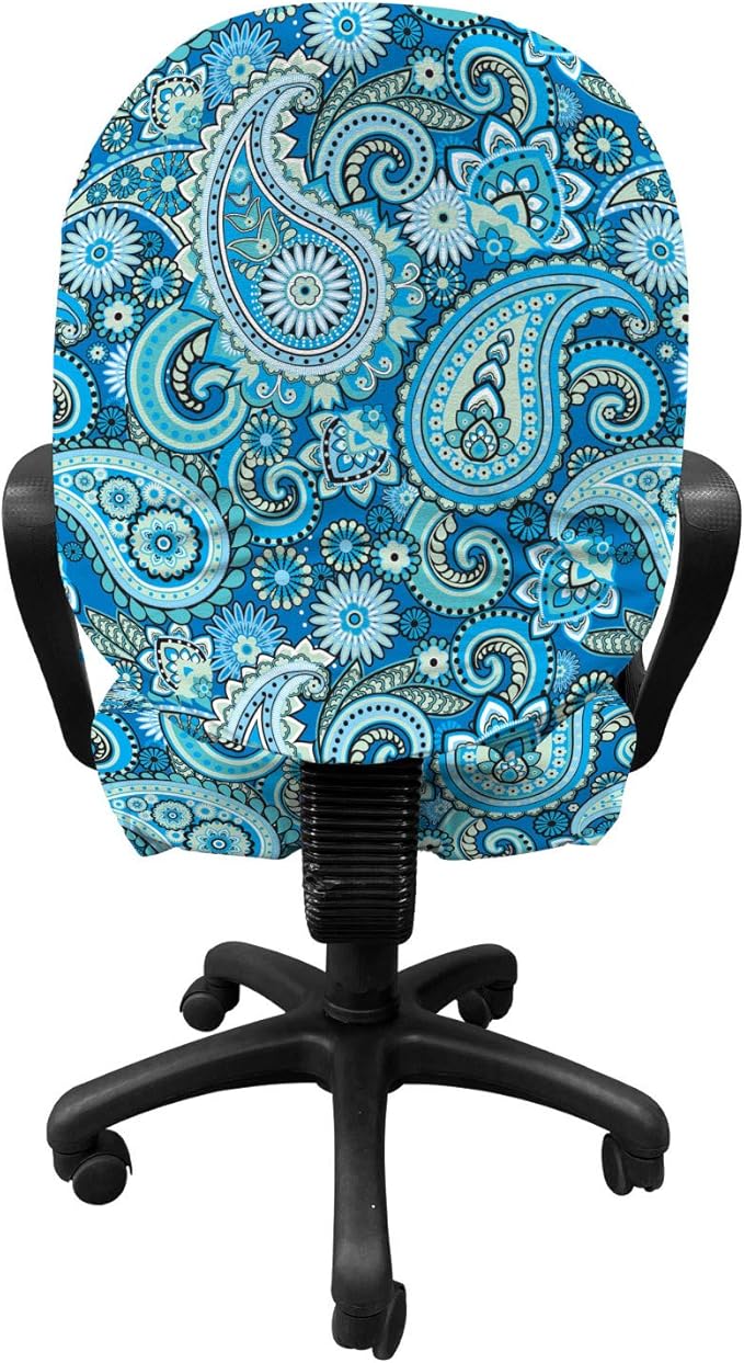 Ambesonne Blue Paisley Office Chair Slipcover, Folk Ornament Flower Like Elements Buta Motifs Illustration Print, Protective Stretch Decorative Fabric Cover, Standard Size, Blue Green
