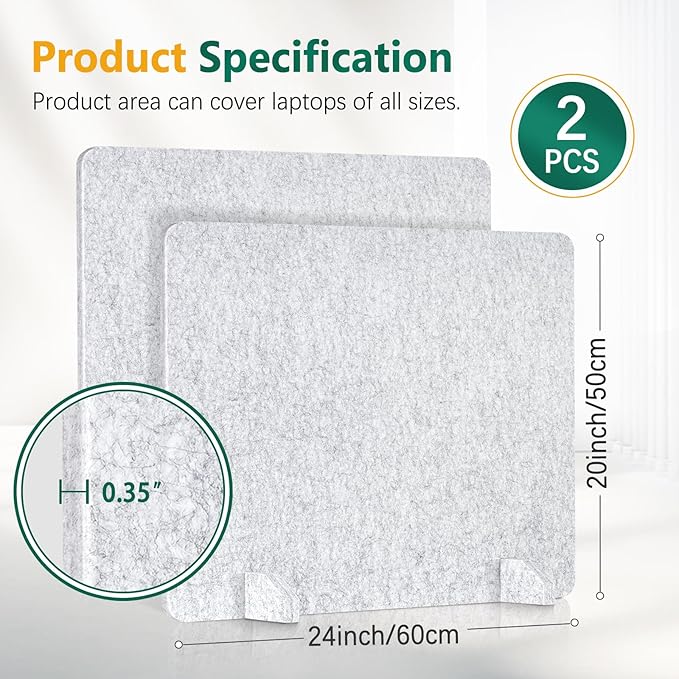 DOLLAR BOSS 2PCS Acoustic Desk Dividers 24" x 20", Soundproof Freestanding Privacy Panels for Table, Noise Reducing Desktop Partition for Office, Home, Classroom with 20 Pushpins,Light Grey