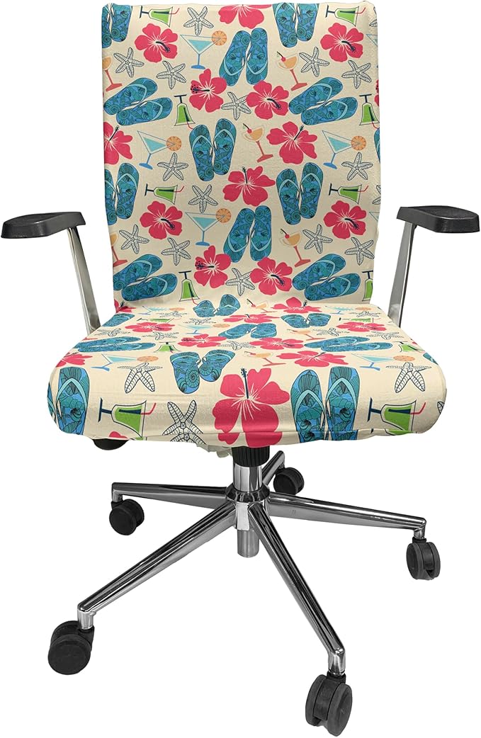 Ambesonne Flip Flop Office Chair Cover, Exotic Summers Hibiscus Flower Starfishes Martini Cocktail and Beach Sandals, Stretchable Decorative Universal Size High Back Printed Slipcover, Blue Red
