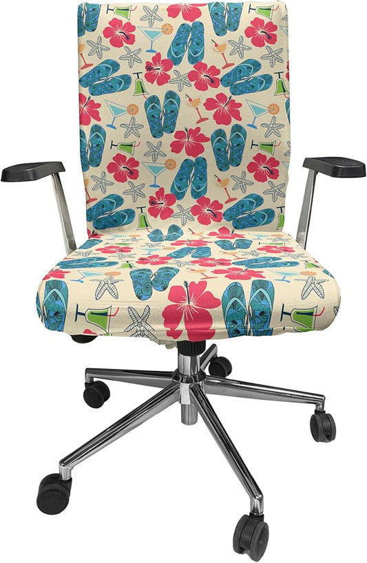 Ambesonne Flip Flop Office Chair Cover, Exotic Summers Hibiscus Flower Starfishes Martini Cocktail and Beach Sandals, Stretchable Decorative Universal Size High Back Printed Slipcover, Blue Red