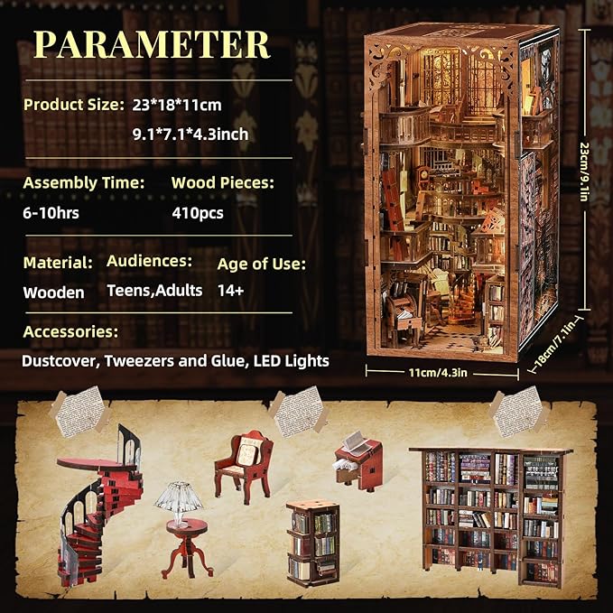 MiniCity Book Nook Kit, DIY Miniature Dollhouse Booknook Kit, 3D Wooden Puzzle Bookend Bookshelf Insert Decor with LED Light for Teens and Adults (Abbey Library)