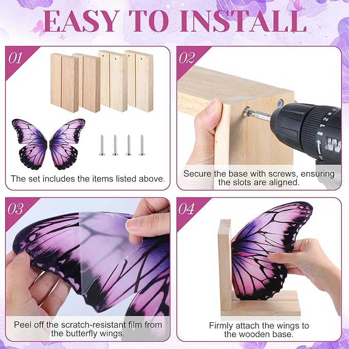 Decorative Butterfly Bookends Wooden Acrylic Butterflys Bookend Modern Bookshelf Decor Accent Book Stopper Decor for Home Farmhouse Shelves Office Lover Gift(Purple Butterfly)