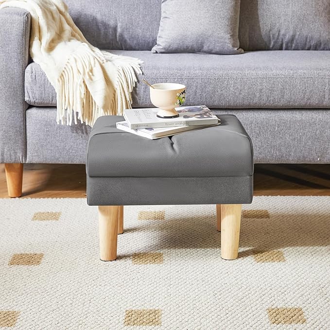 YMYNY Small Footstool Ottoman, Faux Leather Footrest with Sponge Padded Seat, Step Stool for Sofa, Bedroom, Living Room, Entryway, Change Shoes Stool 15.75" D × 11.42" W×12.6" H Dark Grey UHBD040BG