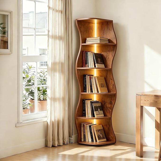 VECELO Wavy Corner Shelf with LED Light, Decorative 6-Tier Corner Display Bookshelf, 59.3” Tall Storage Organizer for Small Spaces, Living Room or Bedroom, Rustic Brown
