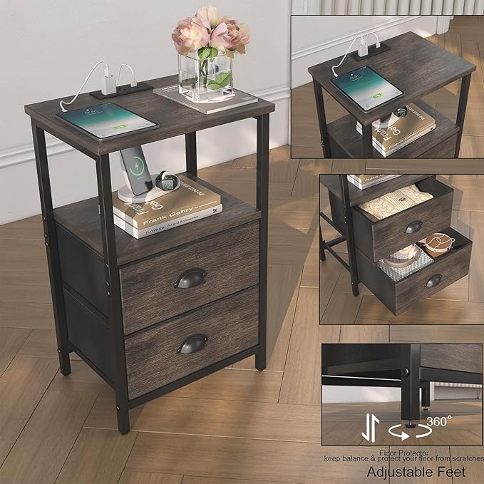 sthmec Nightstand with Charging Station, LED Night Stand with 2 Fabric Drawers, Bedside Tables End Table with Drawers, 2-Tier Storage Side Table Nightstand with Drawers for Bedroom, Black Oak