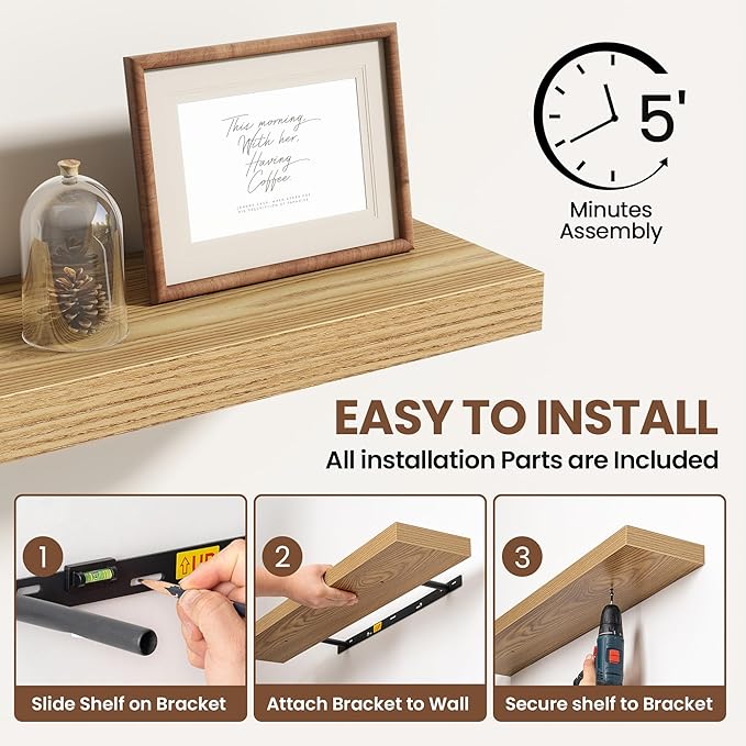 Acovy 72 Inch Floating Shelves for Wall 1 Pack, 72" Wall Shelves for Books, Storage, Decor, Wall Mounted Floating Shelf with Invisible Brackets for Kitchen, Living Room, Light Brown