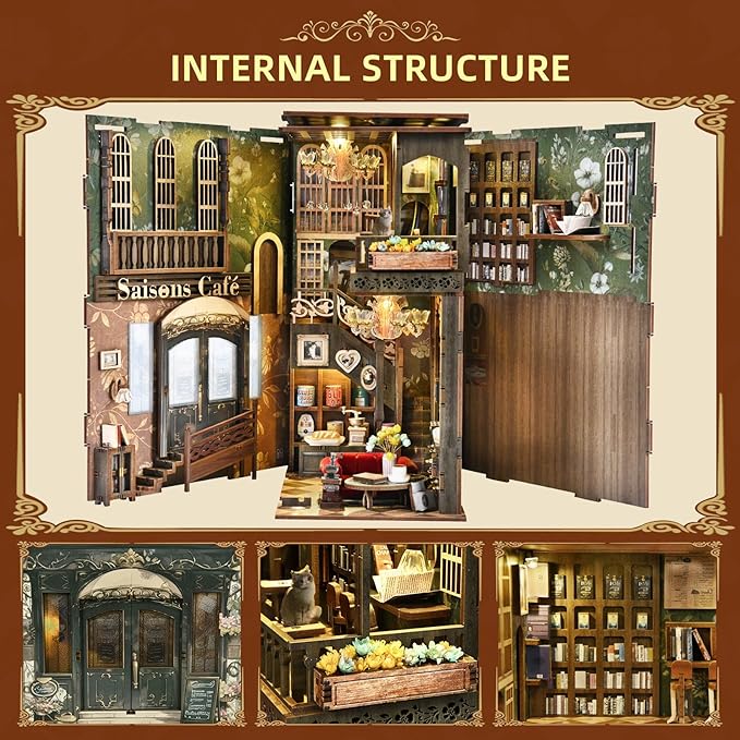 MiniCity Book Nook Kitwith Dust Cover and LED Light, 3D Wooden Puzzle Bookend Bookshelf Insert Decor for Teens and Adults (Saisons Café)
