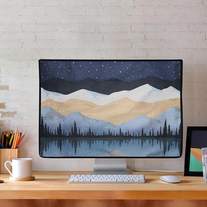 kwmobile Dust Cover for 31-32" Monitor - Linen Monitor Protector with Design - Starry Night Lake White/Light Brown/Dark Blue
